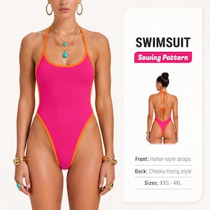 Peut inclure: Un maillot de bain une pièce rose vif avec des bordures orange, doté de bretelles style dos nu et d'une coupe échancrée. Le dos est de style string. Le texte indique SWIMSUIT Sewing Pattern, Front: Halter-style straps, Back: Cheeky-thong style, Sizes: XXS - 4XL.