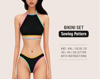May include: A black bikini sewing pattern with yellow, pink and blue trim. The pattern includes instructions and is available in sizes XXS-XXL, UK 00-20, A0/A4/UK Letter.