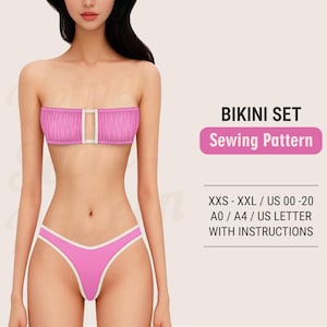 Op de afbeelding: Een roze bikini naaipatroon met instructies. Het patroon is verkrijgbaar in de maten XXS-XXL en omvat de Nederlandse maten 34-48. Het patroon is gedrukt op A0/A4 papier en bevat instructies in A4-formaat.