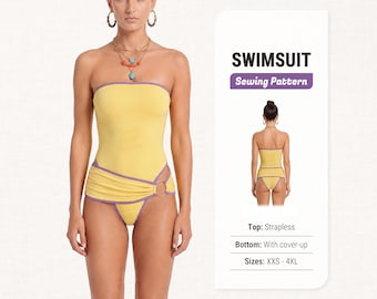May include: A yellow strapless swimsuit sewing pattern featuring purple trim and a side ring detail. The text reads SWIMSUIT Sewing Pattern, Top: Strapless, Bottom: With cover-up, Sizes: XXS - 4XL. The design includes a back view of the swimsuit.