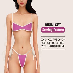 Può includere: Un set bikini magenta con finiture bianche e lacci. L'immagine include il testo "BIKINI SET Sewing Pattern" e informazioni sulle taglie: XXS - XXL / US 00-20. Include anche A0/A4/US LETTER WITH INSTRUCTIONS.