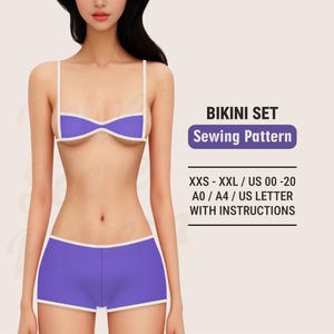 Patrón digital en PDF para coser bikinis y trajes de baño. Tallas grandes desde XXS hasta XXL. Tops, braguitas y trajes de baño con cobertura baja, media y completa. Nivel principiante.