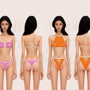 May include: Three women are wearing different styles of bikinis. The first bikini is pink with white trim, the second is pink with white trim, and the third is orange with white trim.