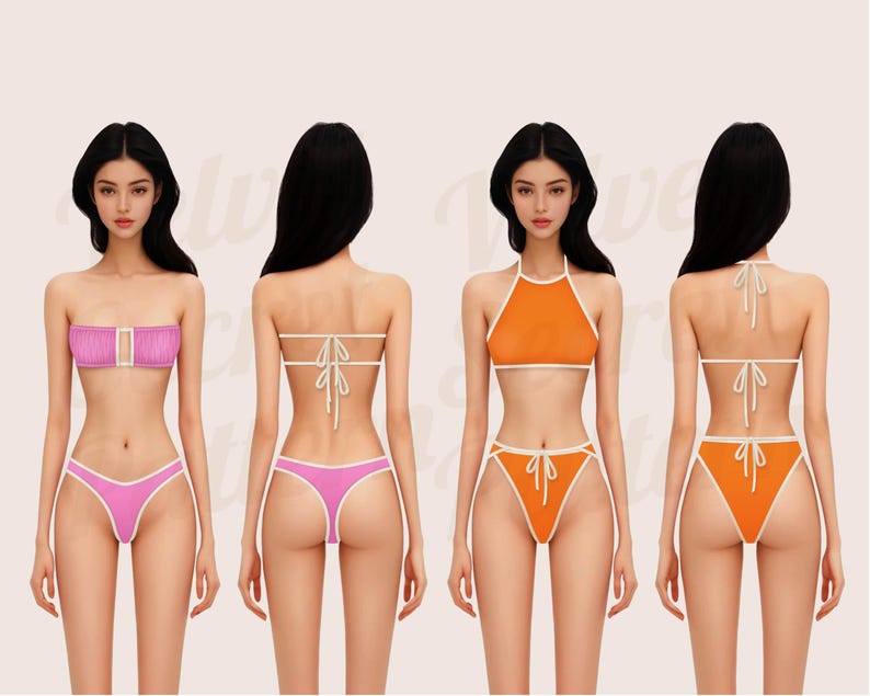May include: Three women are wearing different styles of bikinis. The first bikini is pink with white trim, the second is pink with white trim, and the third is orange with white trim.