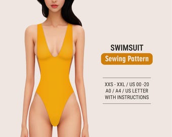 May include: A yellow swimsuit sewing pattern for sizes XXS-XXL. The pattern includes instructions and is available in A4, A0 and US letter sizes.