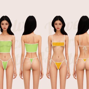 May include: Four images of a person wearing different styles of swimwear. The first two images show a lime green bandeau top and matching thong bottom. The second two images show a yellow bandeau top and matching thong bottom.