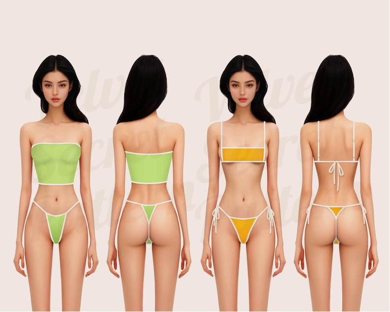 May include: Four images of a person wearing different styles of swimwear. The first two images show a lime green bandeau top and matching thong bottom. The second two images show a yellow bandeau top and matching thong bottom.