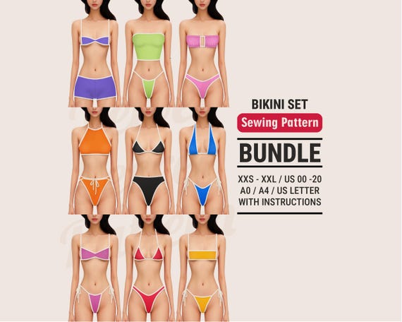Bikini Sewing Pattern Bundle: 9 Swimsuit Designs, XXS-XXL (Digital PDF)