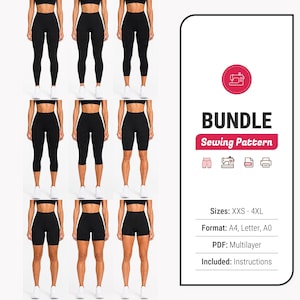Może przedstawiać: Cyfrowy pakiet wykrojów krawieckich na czarne legginsy i szorty sportowe o różnych długościach. Tekst zawiera BUNDLE Sewing Pattern, Sizes: XXS - 4XL, Format: A4, Letter, A0, PDF: Multilayer, Included: Instructions. Przedstawiono dziewięć wariantów.