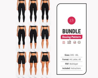 May include: A digital sewing pattern bundle for black athletic leggings and shorts in various lengths. The text reads BUNDLE Sewing Pattern, Sizes: XXS - 4XL, Format: A4, Letter, A0, PDF: Multilayer, Included: Instructions. Nine variations are shown.