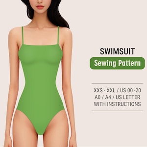 May include: A green swimsuit sewing pattern for sizes XXS-XXL. The pattern includes instructions and is available in US letter, A0, and A4 sizes.