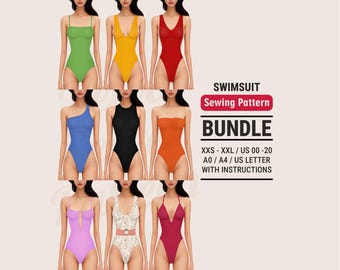 Swimsuit Sewing Pattern Bundle: 9 Designs in All Sizes XXS–XXL, Bikini and Swimwear (Digital PDF)