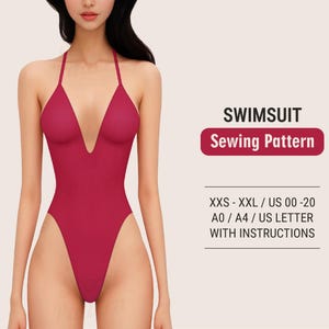 May include: A sewing pattern for a swimsuit in a deep red color. The pattern includes sizes XXS-XXL and is printed on A0/A4 paper. It comes with instructions for sewing the swimsuit.