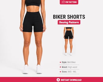 May include: A PDF sewing pattern for black biker shorts featuring a high waist and mid-length cut. The graphic displays the shorts from front and back views, with text labels indicating Style: Mid Biker, Waist: High waist, and Sizes: XXS - 4XL.