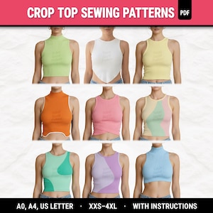 Puede incluir: Imagen de nueve crop tops diferentes en varios colores, incluyendo verde, blanco, amarillo, naranja, rosa y azul. El texto "CROP TOP SEWING PATTERNS PDF" está en la parte superior. El texto adicional incluye "A0, A4, US LETTER", "XXS-4XL" y "WITH INSTRUCTIONS".