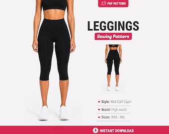 May include: A PDF sewing pattern for black mid-calf capri leggings with a high waist. The image displays the leggings from front and back views, featuring text labels for style, waist, and sizes ranging from XXS to 4XL, plus an instant download icon.