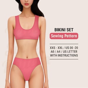 Naaipatroon bikini en badpak digitale pdf. Plusmaten XXS tot XXL. Tops, broekjes en badkleding met lage, gemiddelde en volledige bedekking. Beginner