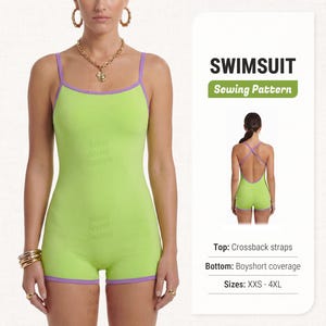 Op de afbeelding: Een limoengroen badpak uit één stuk met paarse randen en dunne bandjes. De tekst luidt SWIMSUIT Sewing Pattern, Top: Crossback straps, Bottom: Boyshort coverage, Sizes: XXS - 4XL. Een kleinere afbeelding toont de achterkant met kruisbandjes.
