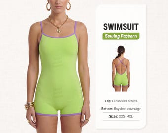 May include: A lime green one-piece swimsuit with purple trim and thin straps. The text reads SWIMSUIT Sewing Pattern, Top: Crossback straps, Bottom: Boyshort coverage, Sizes: XXS - 4XL. A smaller inset shows the back view with crossback straps.