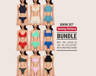 Paquete de patrones de costura para bikini: 9 diseños de trajes de baño, tallas XXS-XXL (PDF digital)