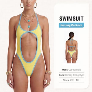 May include: A yellow one-piece swimsuit with light blue trim, featuring a large front cut-out and a cheeky-thong back. The text reads SWIMSUIT Sewing Pattern, Front: Cut-out style, Back: Cheeky-thong style, Sizes: XXS - 4XL. The design is shown from front and back.