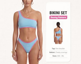 May include: A light blue bikini set with a one-shoulder top and cheeky coverage bottoms, trimmed with pink. The image includes the text "BIKINI SET Sewing Pattern" and the sizes available: XXS-4XL.
