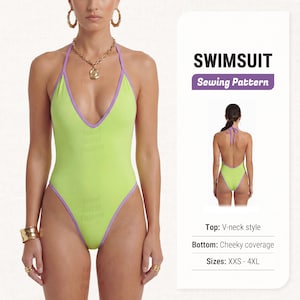 May include: A lime green one-piece swimsuit with purple trim, featuring a V-neckline and halter straps. The product display includes the text SWIMSUIT Sewing Pattern, a back view, and specifications: Top: V-neck style, Bottom: Cheeky coverage, Sizes: XXS - 4XL.