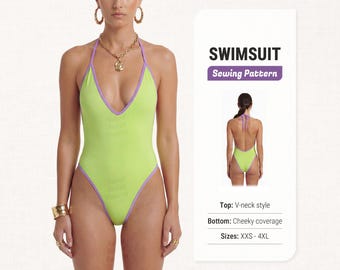May include: A lime green one-piece swimsuit with purple trim, featuring a V-neckline and halter straps. The product display includes the text SWIMSUIT Sewing Pattern, a back view, and specifications: Top: V-neck style, Bottom: Cheeky coverage, Sizes: XXS - 4XL.