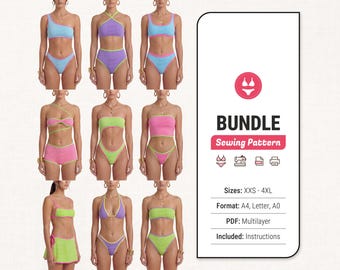 May include: A selection of brightly coloured swimwear designs, including one-shoulder, halter, and bandeau tops, with coordinating bottoms. The swimsuits showcase vibrant colour combinations such as blue, purple, pink, and green. A sewing pattern bundle is also shown.