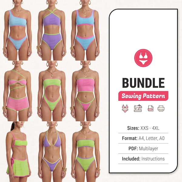 Bundel met naaipatroon bikini: 9 ontwerpen – pdf digitaal voor badpakken en badkleding, maten XXS–4XL