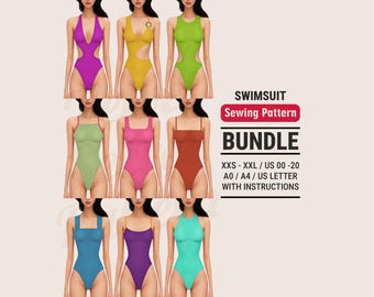 Swimsuit Sewing Pattern Bundle: 9 Designs in All Sizes XXS–XXL, Bikini and Swimwear (Digital PDF)