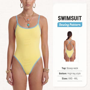 Könnte beinhalten: Ein gelber Badeanzug mit hellblauer Umrandung, Rundhalsausschnitt und hohem Beinausschnitt. Der Text lautet SWIMSUIT Sewing Pattern, Top: Scoop neck, Bottom: High-leg style, Sizes: XXS - 4XL. Eine kleine Ansicht zeigt die Rückseite mit überkreuzten Trägern.