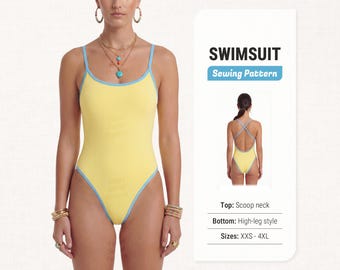 May include: A yellow one-piece swimsuit with light blue trim, featuring a scoop neckline and high-leg cut. The text reads SWIMSUIT Sewing Pattern, Top: Scoop neck, Bottom: High-leg style, Sizes: XXS - 4XL. A smaller view shows the back with crisscross straps.
