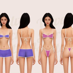 May include: Four images of a person wearing a purple and white bikini top and matching shorts, and a pink and white bikini top and matching thong. The person is wearing a white string bikini top and matching bottoms in the back view.