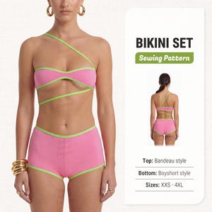 Könnte beinhalten: Ein pinkfarbenes Bikini-Set mit neongrünen Verzierungen. Das Oberteil ist im Bandeau-Stil mit einem asymmetrischen Trägerdesign gehalten. Die passenden Boyshorts vervollständigen das Set. Der Text "BIKINI SET Sewing Pattern" ist ebenfalls enthalten.