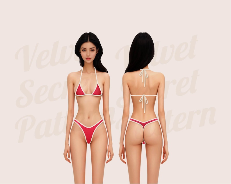 May include: A red and white bikini with a triangle top and a thong bottom. The bikini is made of a soft, stretchy fabric.