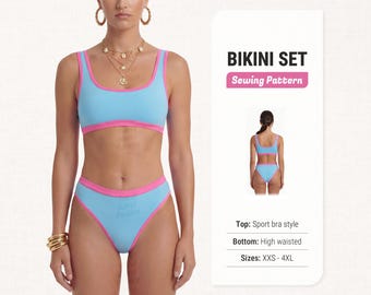May include: A light blue bikini set with pink edging. The top is a sports bra style, and the bottoms are high-waisted. The image includes the text "BIKINI SET Sewing Pattern" and the size range "XXS - 4XL".