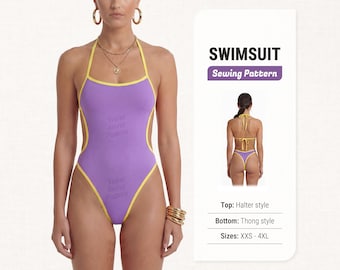 May include: A purple one-piece swimsuit with yellow trim, featuring a halter neckline and high-cut leg openings. The text reads SWIMSUIT Sewing Pattern, Top: Halter style, Bottom: Thong style, Sizes: XXS - 4XL. A smaller rear view is included.