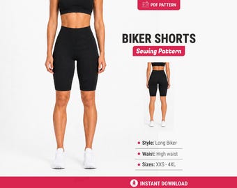 May include: A digital PDF sewing pattern for black high-waisted biker shorts. The image displays the shorts from front and back views, with text labels indicating the style as long biker, high waist, and available sizes from XXS to 4XL.
