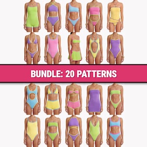 May include: A collection of twenty colourful swimsuits and matching sets in various styles, including one-piece suits, bikinis, and skirts, featuring vibrant neon and pastel colour combinations with contrasting trim. The text BUNDLE: 20 PATTERNS is displayed.