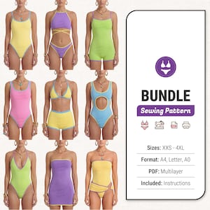May include: A digital sewing pattern bundle featuring nine different swimwear and clothing designs in various colors including yellow, purple, lime green, pink, and blue. The text includes BUNDLE, Sewing Pattern, Sizes: XXS - 4XL, Format: A4, Letter, A0, PDF: Multilayer, and Included: Instructions.