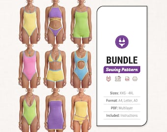 May include: A digital sewing pattern bundle featuring nine different swimwear and clothing designs in various colors including yellow, purple, lime green, pink, and blue. The text includes BUNDLE, Sewing Pattern, Sizes: XXS - 4XL, Format: A4, Letter, A0, PDF: Multilayer, and Included: Instructions.