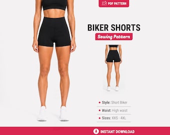 May include: A PDF sewing pattern for black high-waisted biker shorts. The image displays the shorts from front and back views, with text labels indicating the style as Short Biker, high waist, and available sizes ranging from XXS to 4XL.