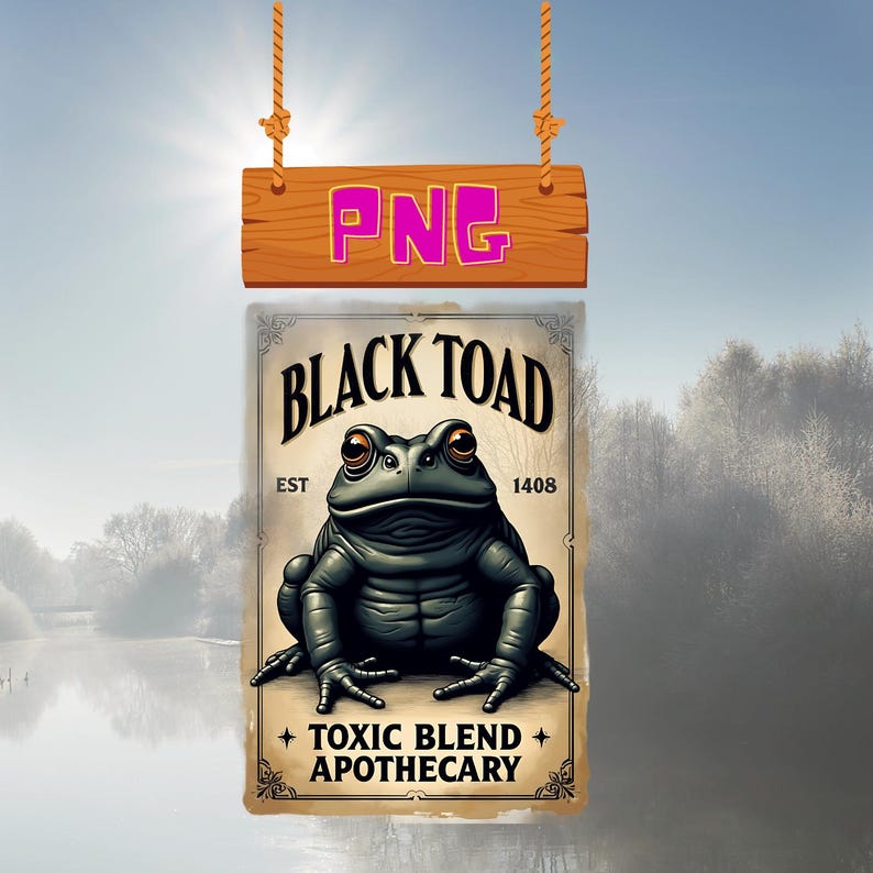 May include: A vintage-style poster with a black toad illustration. The poster has the text "Black Toad" in a bold font, "Est 1408" in a smaller font, and "Toxic Blend Apothecary" at the bottom.