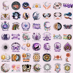 Puede incluir: Una colección de pegatinas circulares coloridas con temas celestiales y místicos. Los diseños incluyen lunas, soles, estrellas, animales, cristales y texto como "Believe in the Magic" y "Total Solar Eclipse 04-08-2024". Las pegatinas son en tonos morado, dorado y azul.