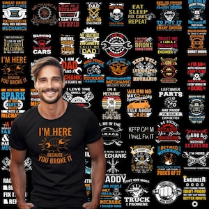 May include: A black t-shirt with a white graphic design that says "I'm here because you broke it". The graphic design features a wrench and a fist. The t-shirt is surrounded by a collage of other t-shirt designs with various slogans and graphics related to mechanics.