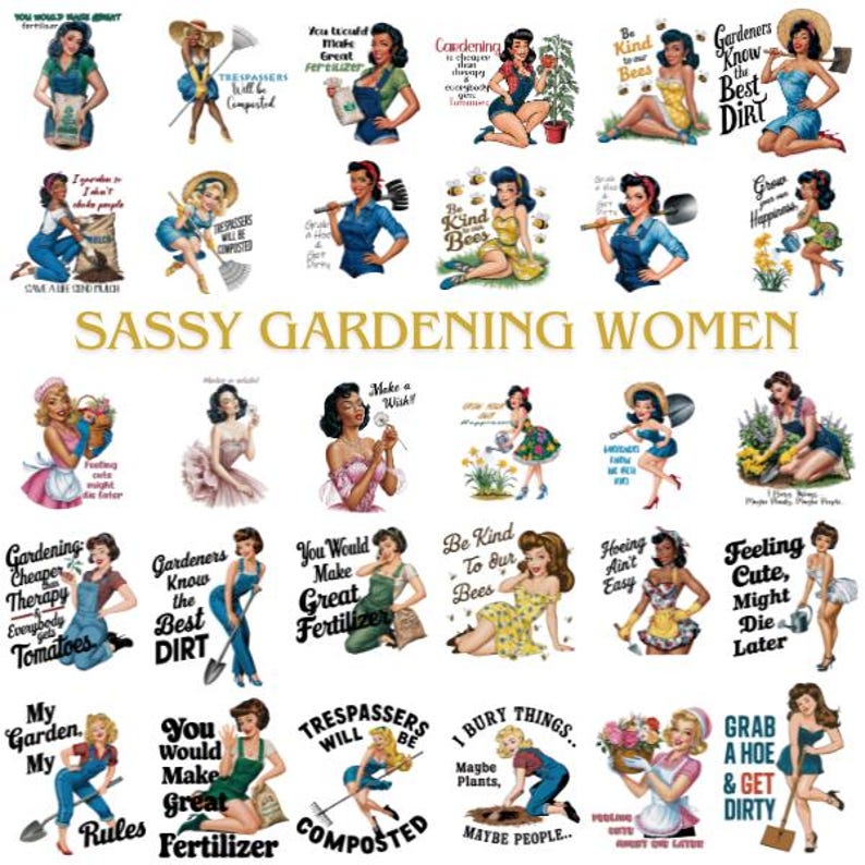 Sassy Gardening Housewife 40+ Png Bundle, Sarcastic Women, Retro Printable images, Housewife Graphics, Retro Women, Digital download image 1