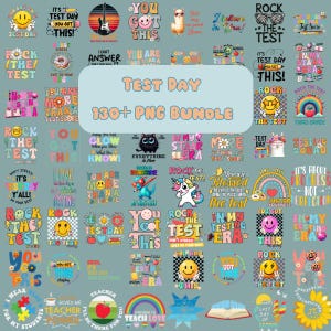 Könnte beinhalten: Eine Sammlung von über 130 farbenfrohen digitalen Designs mit Text und Illustrationen zum Thema Testtag. Die Designs beinhalten Sätze wie "Rock the Test", "You Got This" und "In My Testing Era".