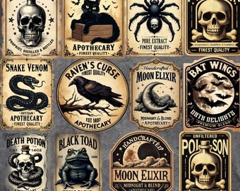 May include: A set of 10 vintage-style Halloween potion bottle labels. Each label features a different spooky image, such as a skull, spider, raven, and toad, with text that reads "Poison", "Black Cat", "Spider Venom", "Snake Venom", "Raven's Curse", "Moon Elixir", "Bat Wings", "Death Potion", "Black Toad", and "Moon Elixir".