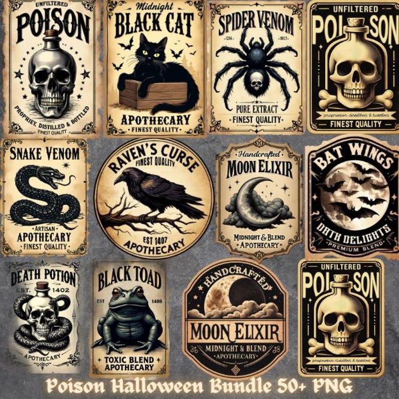 May include: A set of 10 vintage-style Halloween potion bottle labels. Each label features a different spooky image, such as a skull, spider, raven, and toad, with text that reads "Poison", "Black Cat", "Spider Venom", "Snake Venom", "Raven's Curse", "Moon Elixir", "Bat Wings", "Death Potion", "Black Toad", and "Moon Elixir".